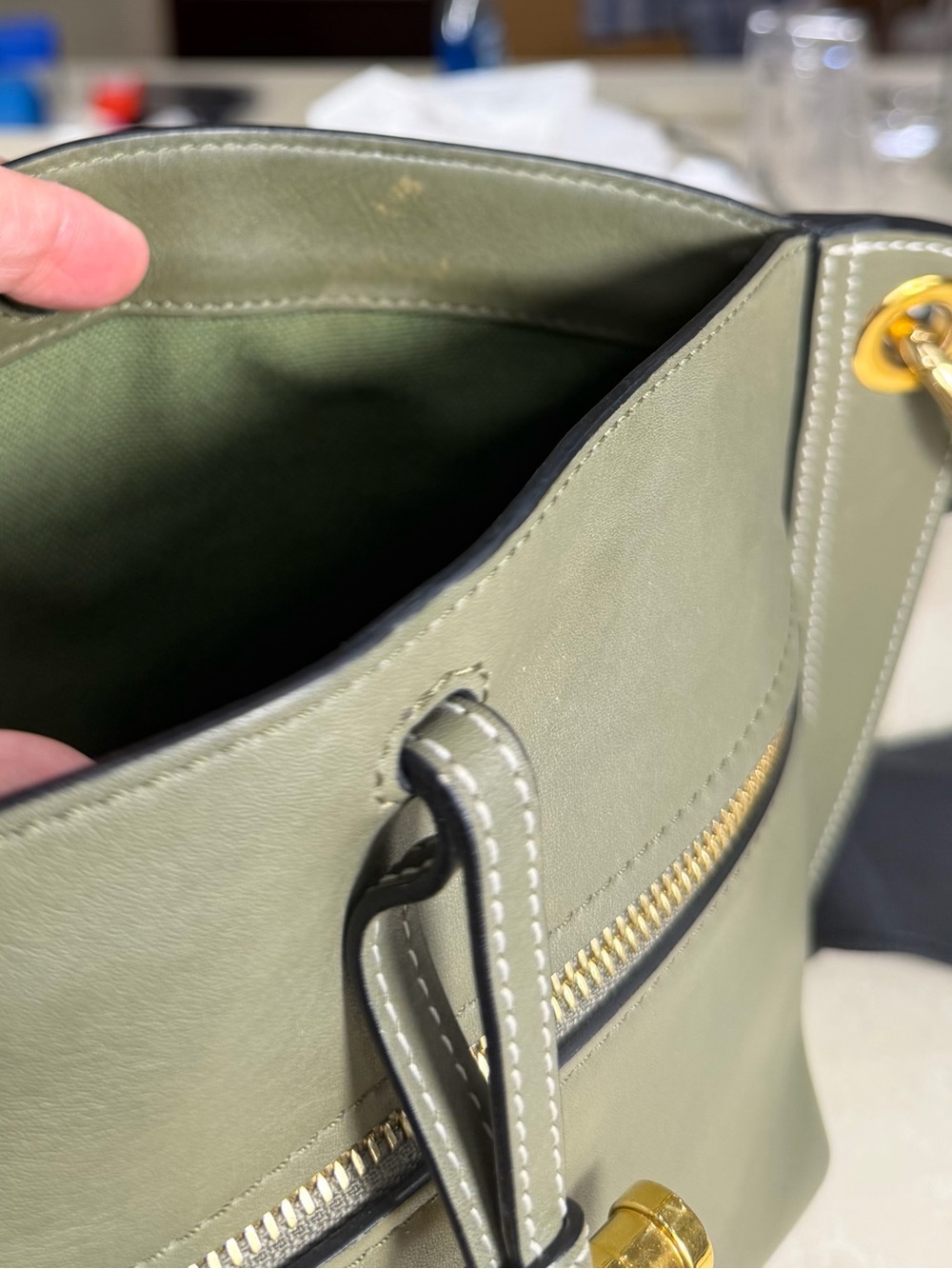 JW Anderson  Olive Green Pierce T Bar Leather Tote with Gold Hardware - Picture 6 of 9